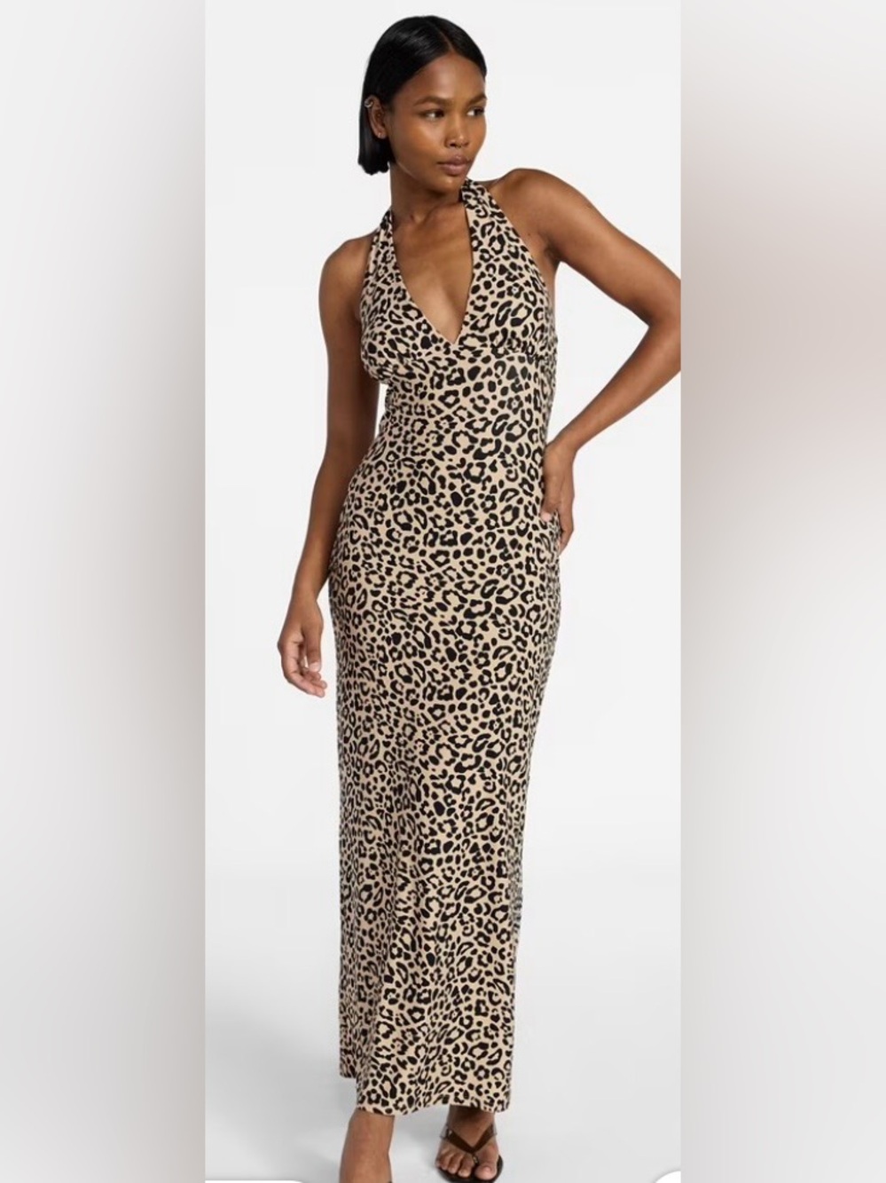 Leopard Print Halter Maxi Dress in Beige/Black
